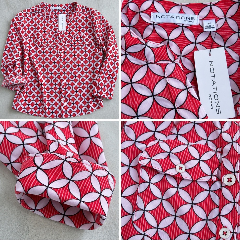 Notations Red and White Geometric Print Button-Up Shirt